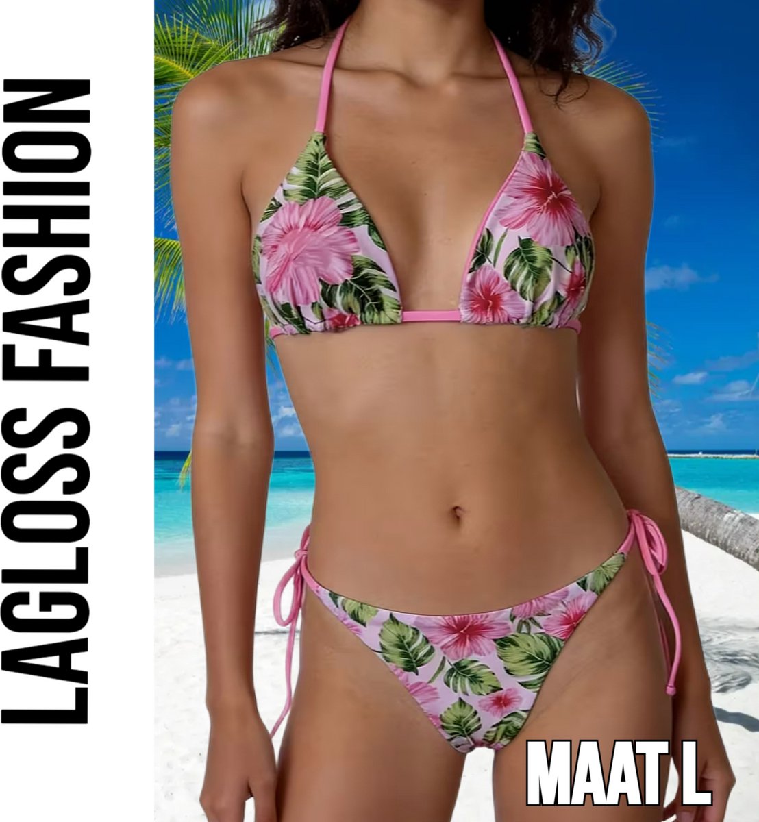 LaGloss® 2-delig Dames Roze Bloemen Bikini Set – Tropische Hibiscus Print Halter Bikini met Strikbroekje – Zomer mode – Beach Fashion – Maat L