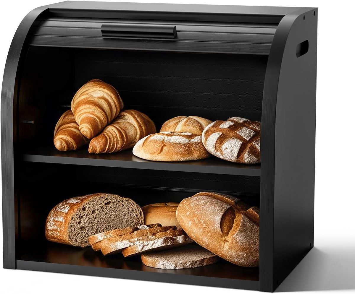 Broodtrommel Bamboe - Luxe opbergbox - Brood vers houden - Dubbele laag - 38 x 25 x 34 cm - Zwart
