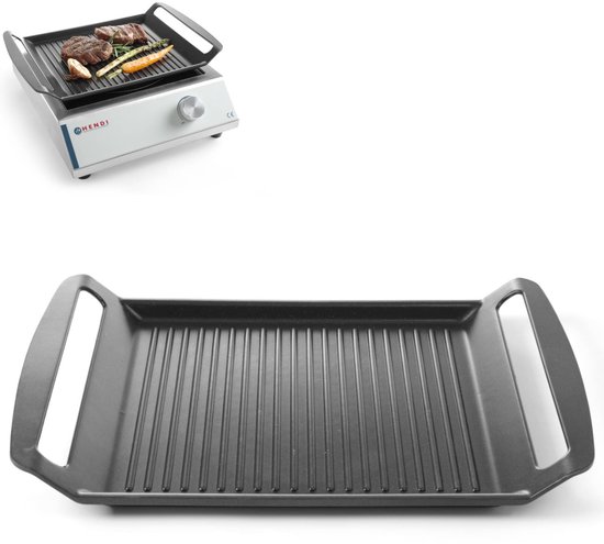 Gegoten aluminium grillplaat met ribbels en een contactgrill.