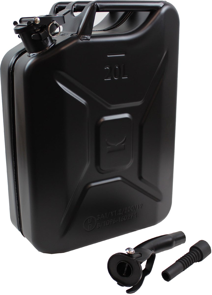 TRUTZHOLM Metalen Jerrycan 20L Zwart - Met UN-Goedkeuring - Inclusief Flexibele Schenktuit en Heavy-Duty Voertuighouder