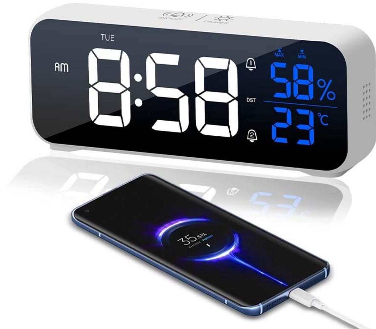 Digitale Wekker - Spiegelklok Tafelklok - Wakker Worden - Verstelbare Helderheid - 16.6 cm - Wit