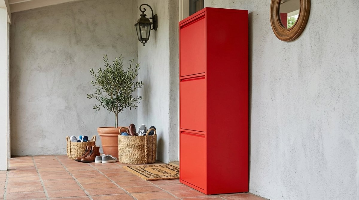 Schoenenkast House&Garden Urban Ruby Premium - Smalle Schoenenkast met 3 Kleppen - Schoenenrek voor 6 Paar Schoenen - Metalen Schoenenopberger - Ruimtebesparende Hal Kast - Rood - 50 x 15 x 104 cm