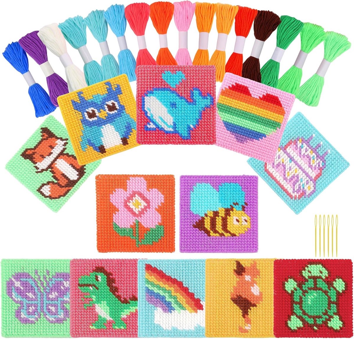 12-in-1 Kinderen Borduurset voor Beginners, Inclusief 12 Stukken Plastic Mesh, 16 Garens en 6 Borduurnaalden, Compleet Naai- en Leerpakket met Instructies