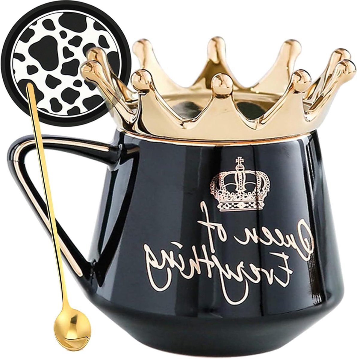 Queen Of Everything Mok met Deksel - Zwarte Kroon, Perfect Cadeau voor Vrouwen van Alle Leeftijden, Verjaardagscadeau voor Moeder, Vriendin of Grootmoeder, 350ml