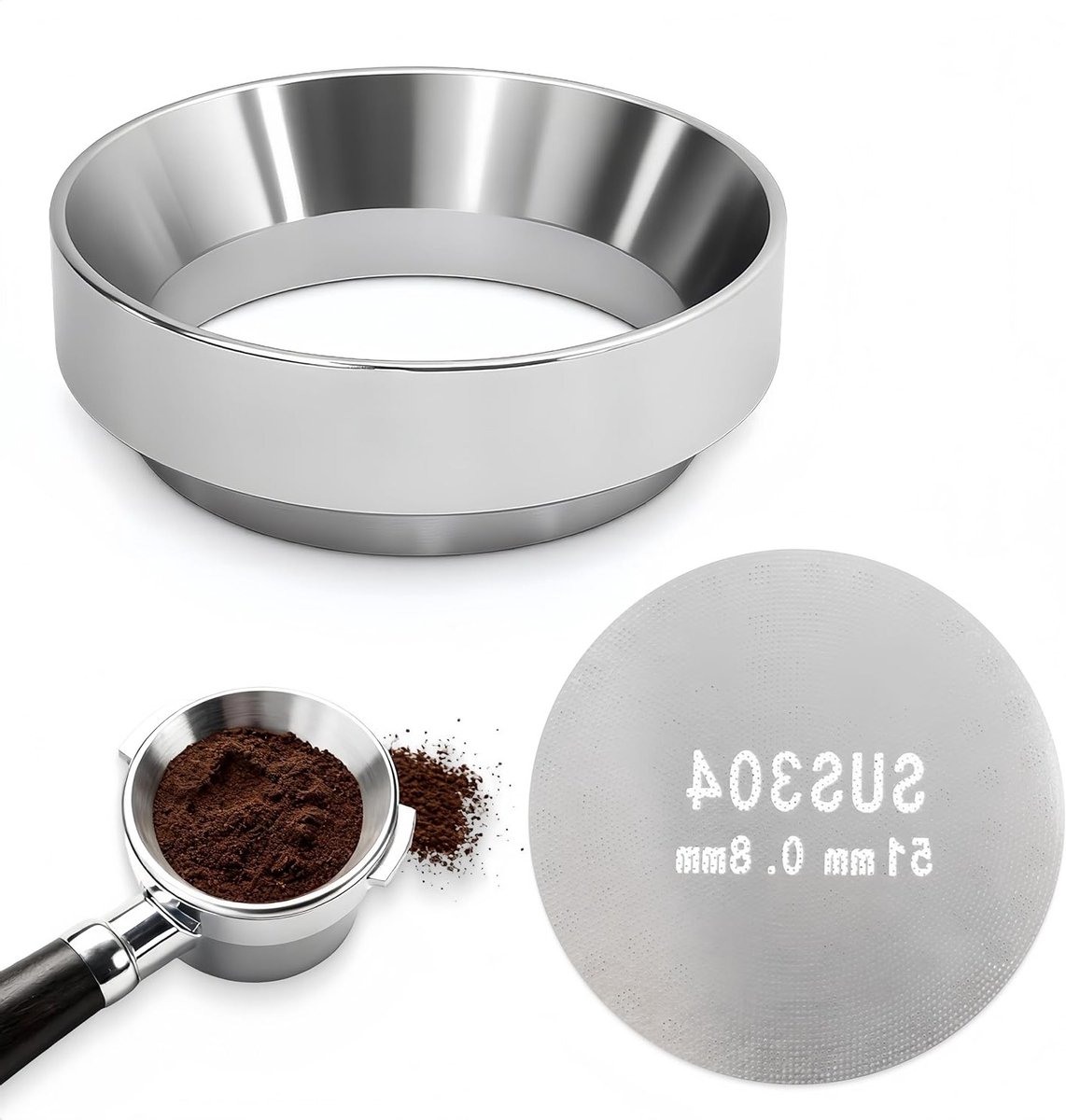 Dispensing ring 51 mm en Puck Screen, Barista accessoires voor perfecte espresso, aluminium espresso doser en koffiedosering