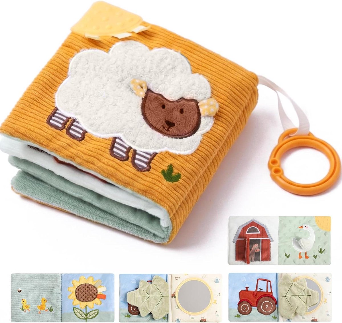 Sensorisch stoffenboek - Voelboek knisperboek - Babyontwikkeling stimuleren - Veilig en wasbaar - 16 x 15 x 5 cm - Schaap