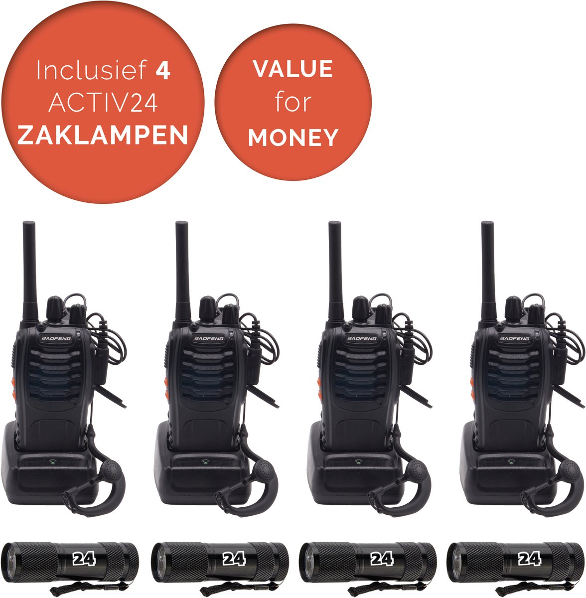 Activ24™ - Walkietalkie - Set van 4x Baofeng BF-88E PMR portofoons met headsets en 4x Activ24™ zaklampen - Vergunningsvrij - Walkie Talkie - BF88E portofoon