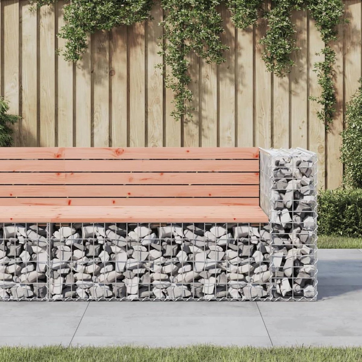 Tuinbank Gabion - Stenen mand - Buiten Zitten - Massief Douglas Hout - 122 cm Breed - Natuurlijk