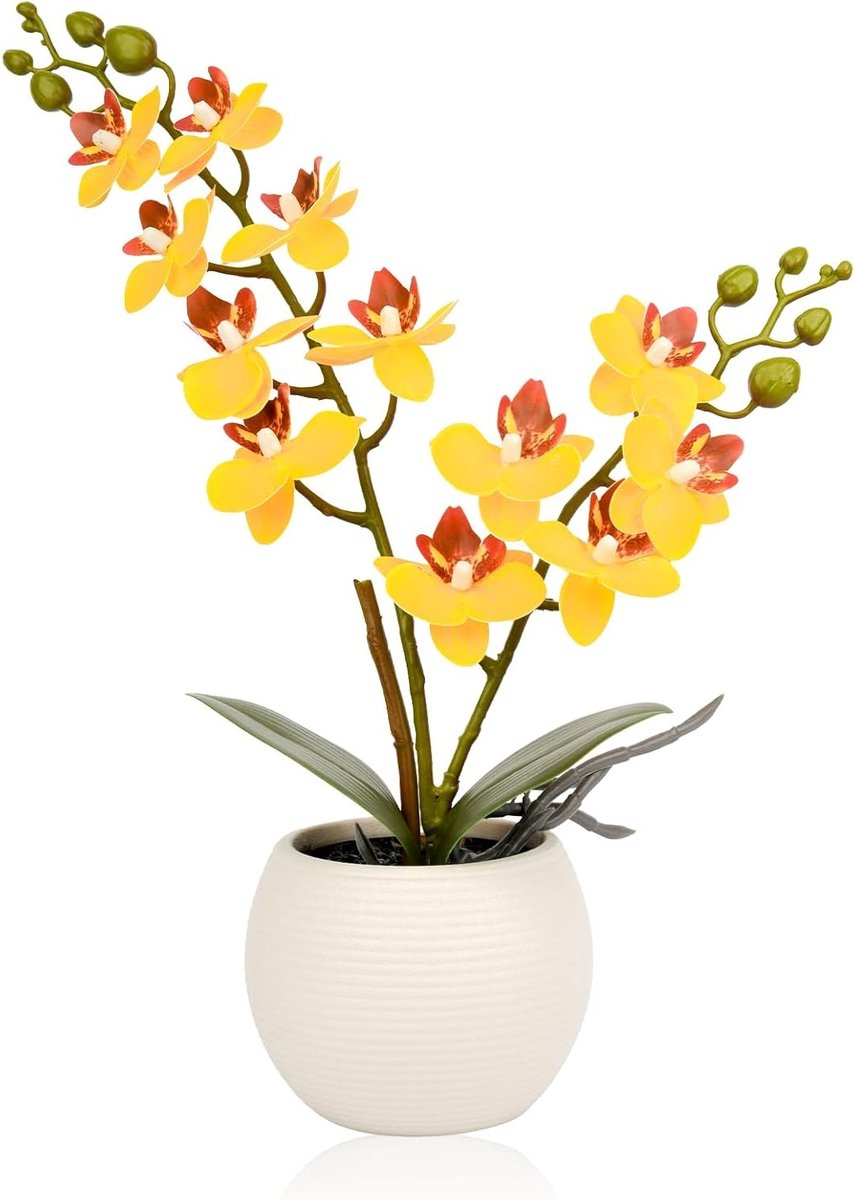 Echte aanraak Orchidee Gele Bloem in Witte Pot, Perfect voor Bruiloft Decoratie en Thuis of Kantoor Versiering