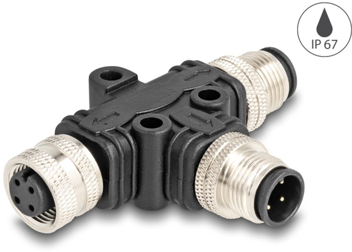 Delock M12 T-Splitter A-coded 4 pin 1 x male to 1 x male und 1 x female parallel connection