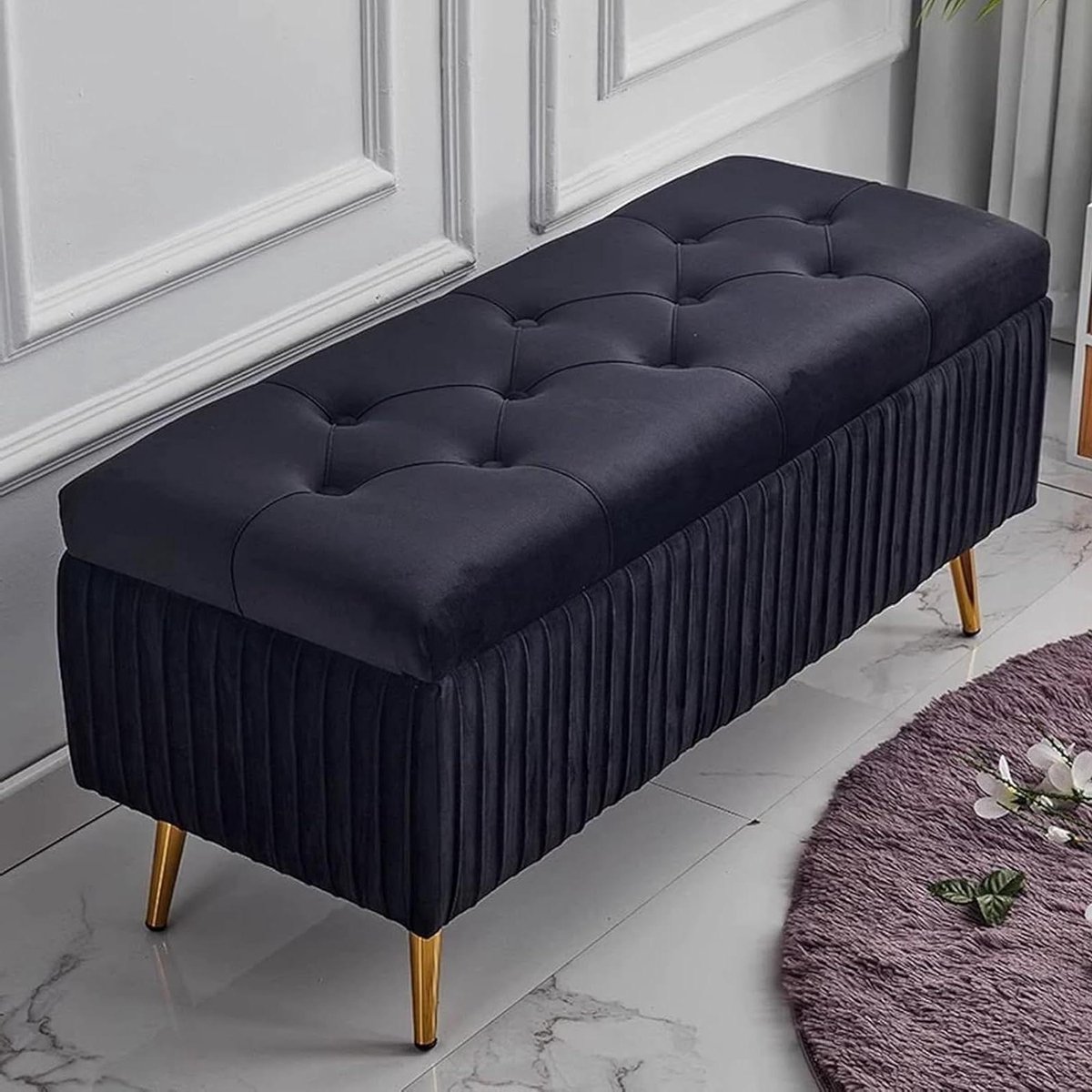 Gestoffeerde Zitbank - Voetenbank Kruk - Schoenen Wisselen - Verborgen Opbergruimte - 60 x 40 x 45 cm - Zwart