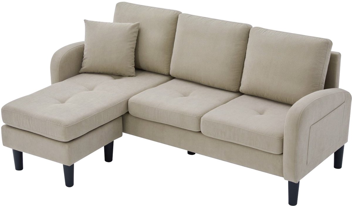 Merax Hoekbank met Chaise Longue - 3-Zits L-vormige Bank van Ribstof - Compacte Modulaire Bank voor Woonkamer - Appartement en Kantoor - Lichtgrijs