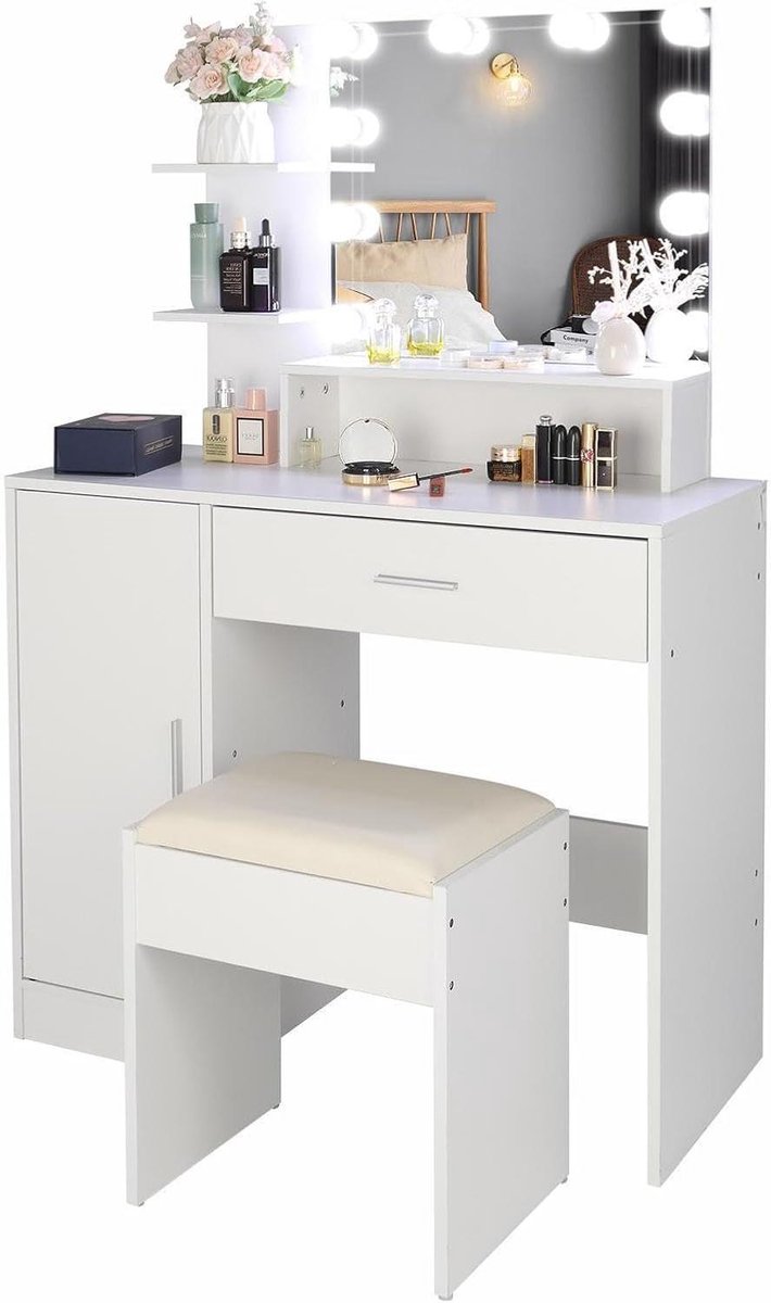 Kaptafel met spiegel - Make-uptafel set - Slaapkamer inrichten - Verstelbare LED-verlichting - 90 cm breed - Wit