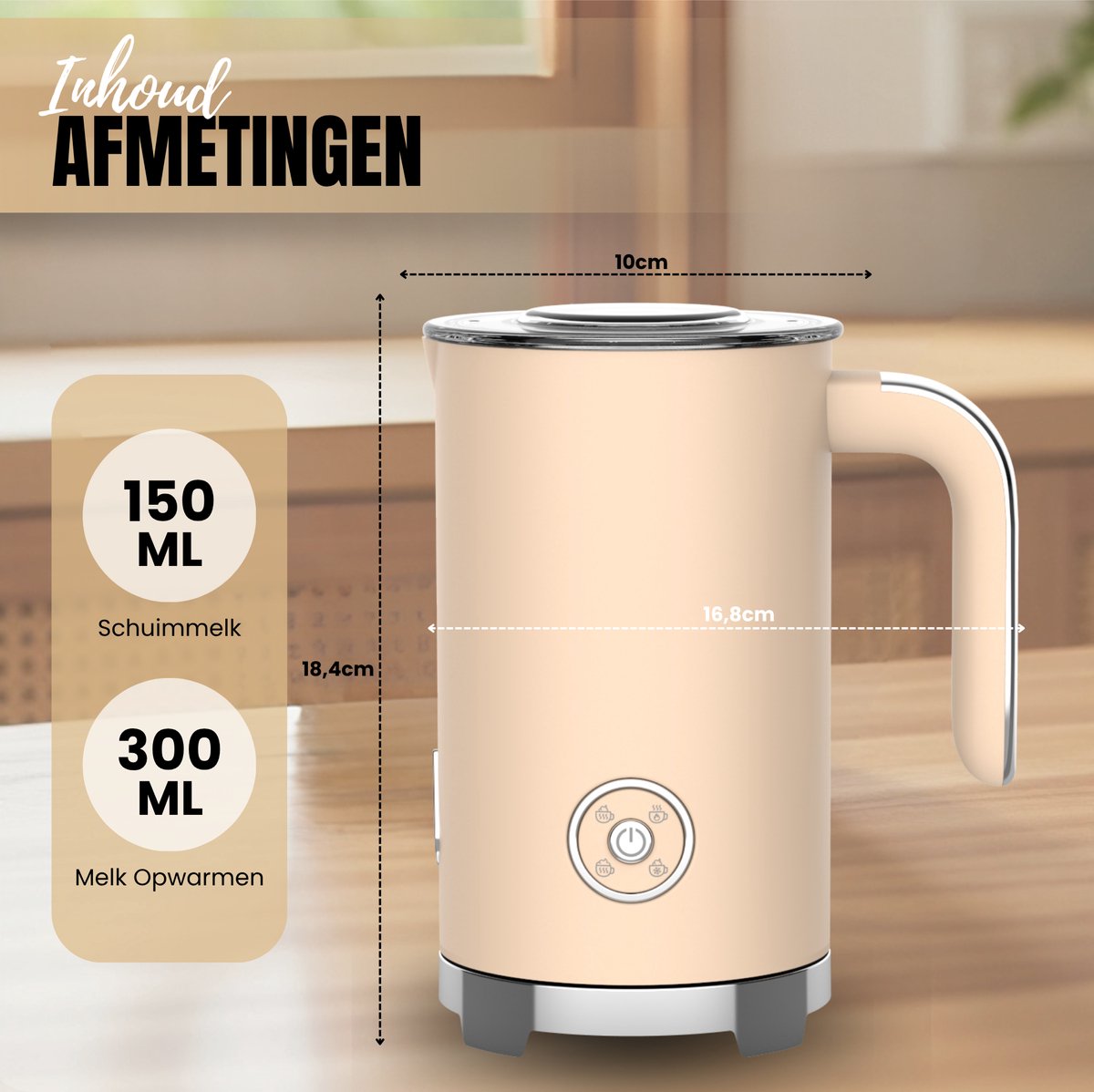 Motivai Melkopschuimer – Elektrische Milk Frother 300 ml Retro – BPA-vrij & PFAS-vrij – Voor Warm & Koud Melkschuim – Cappuccino & Latte – Matte Beige — cadeau in Kookcadeaus - foto 4