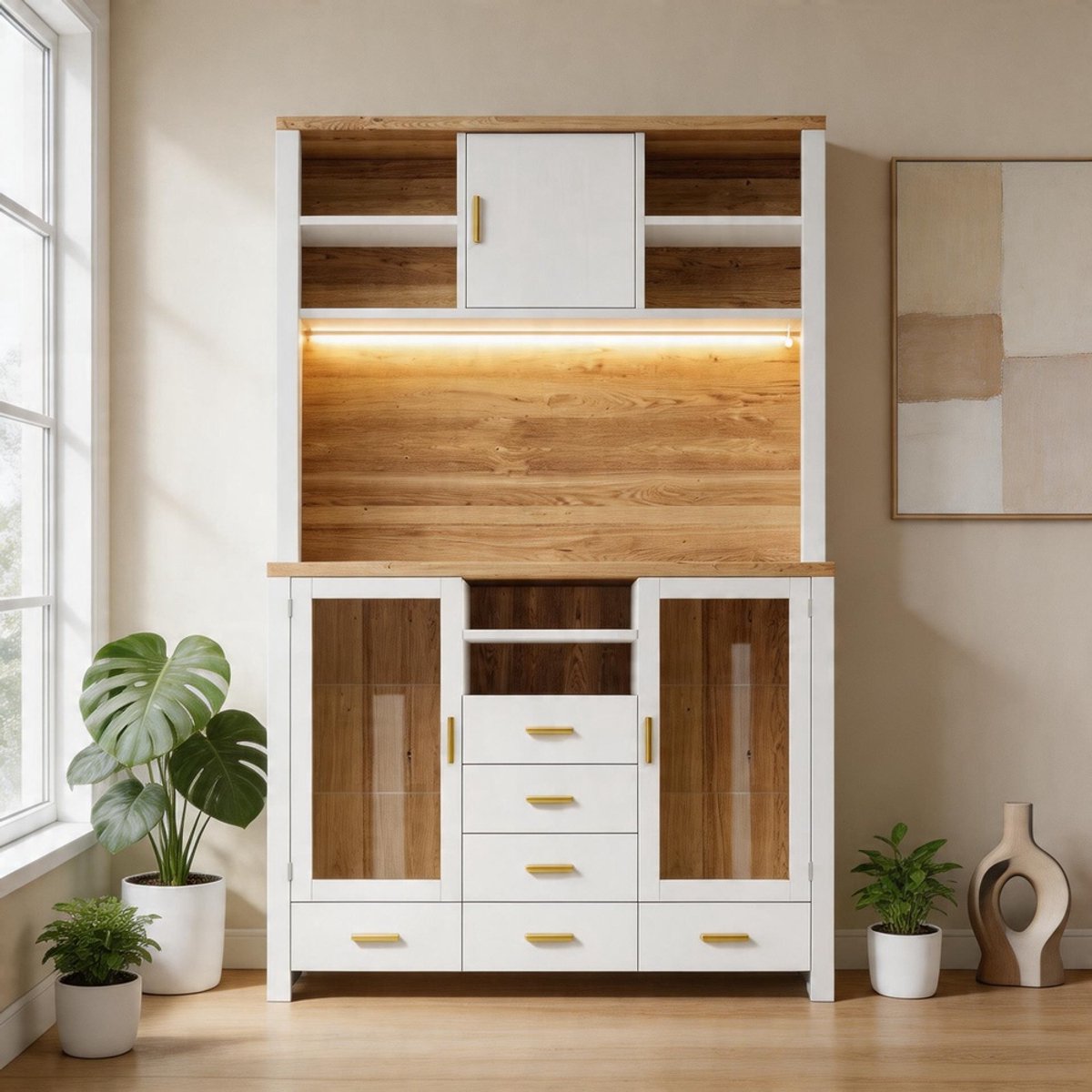 KOMHTOM - Bijzettafel / opbergkast / multifunctionele keukenkast / buffetkast - Landhuisstijl - 4 deuren, 6 lades & 3 deuren - Met led-verlichting - Afmetingen: 120x40x188 cm - Kleur: Wit met houtlook