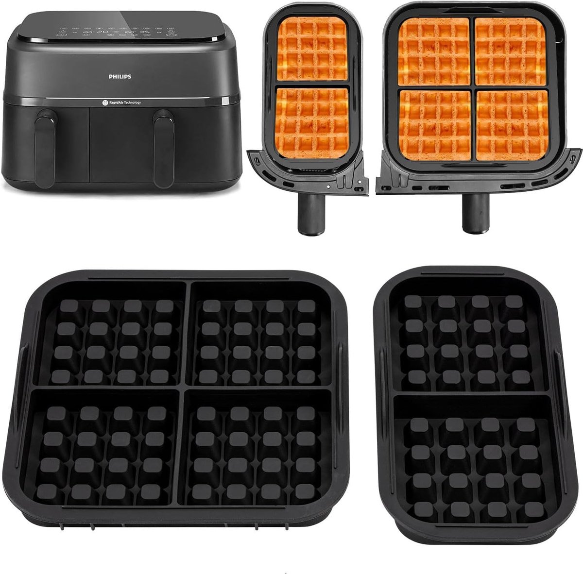2-delige Silicone Wafelvorm voor Airfryer – Geschikt voor Philips NA350 & Tefal EY9018 Dual Basket (3L+6L) – Hittebestendig tot 230°C – Antiaanbak & Vaatwasserbestendig – Stapelbaar
