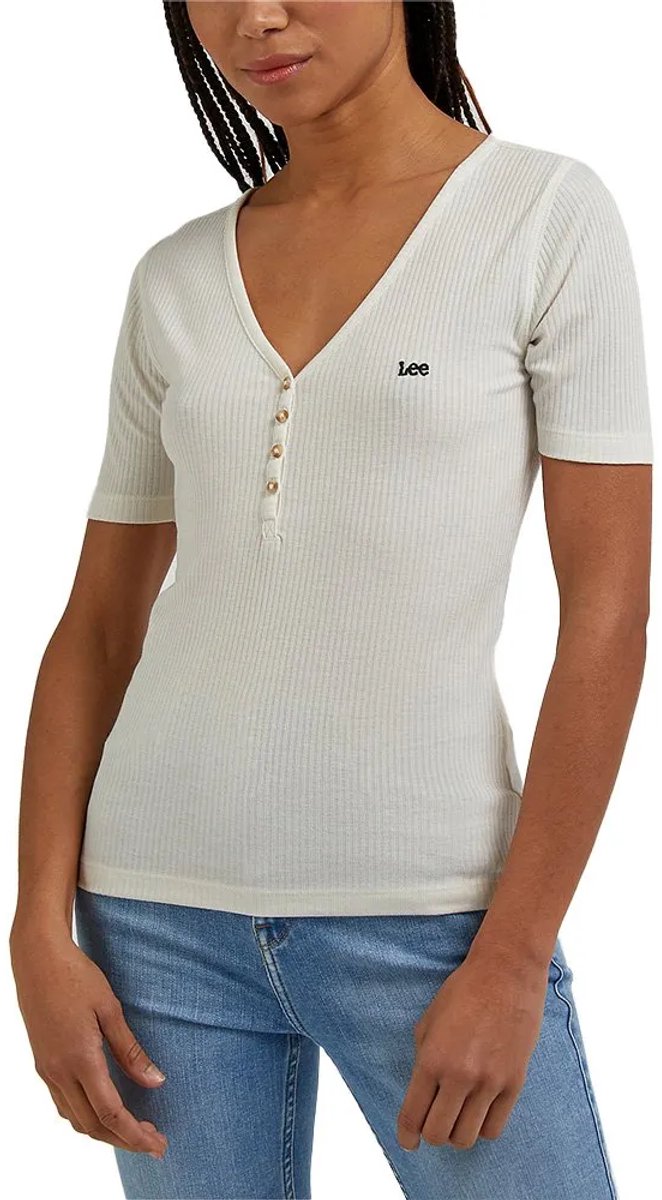 Lee Henley T-shirt Met Korte Mouwen En V-hals M Vrouw Creme