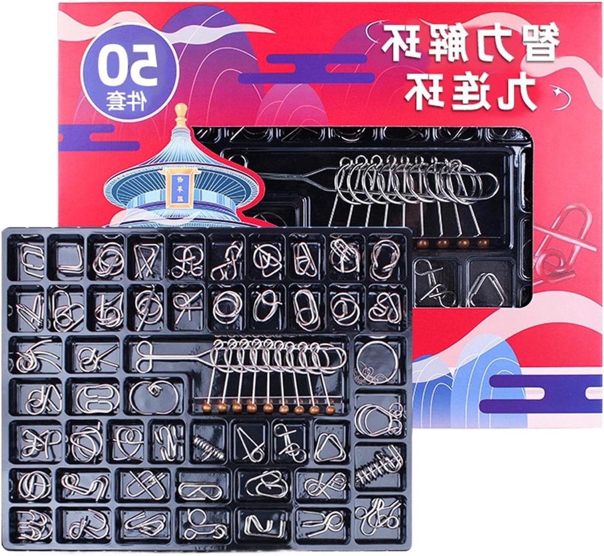 Metalen Draad Puzzels - Intelligentie Test - Logisch Denken Trainen - 50 Delige Set - 41 x 31 cm - Metaal
