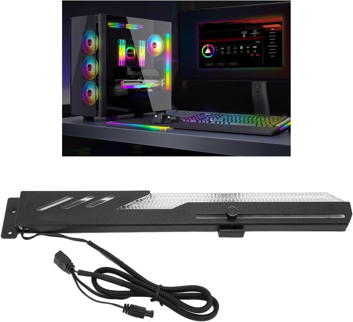 Verstelbare GPU Steun met ARGB Verlichting en Tempered Glass voor Gaming PC - Ondersteuning voor Grafische Kaarten