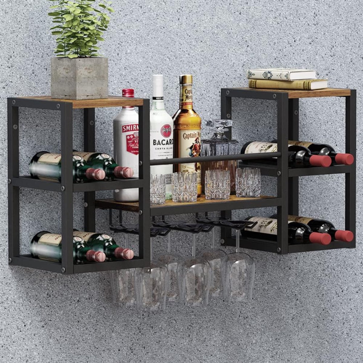 Quvo® Wijnrek Muur - Wijnrek - Wijnrek Ophangbaar - Wijndisplay - met Wijnglasrailsen- Zwart - 88cm x 25cm x 40cm