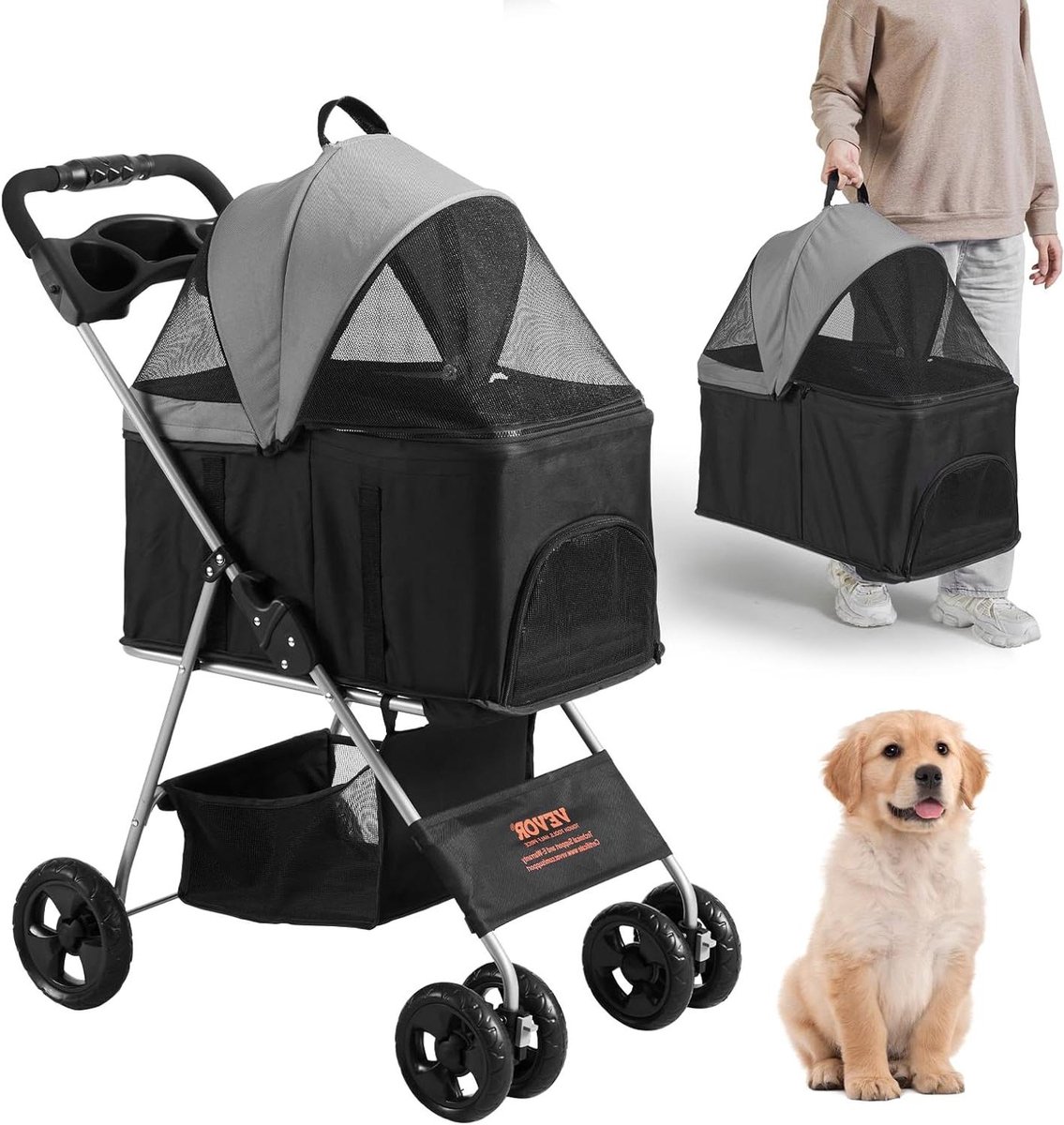 Huisdieren Wandelwagen - Hondenbuggy Kattenkar - Reizen met Dieren - Afneembare Draagmand - 16 kg Draagvermogen - Zwart Grijs