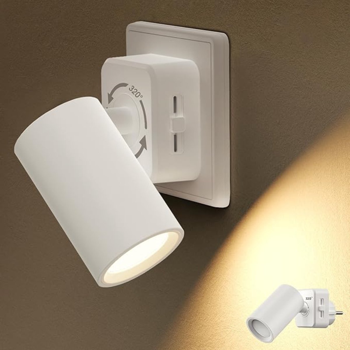 Verte Stekkerspot Dimbaar - Nachtlamphouder met Schemersensor – 320° Draaibaar – Nachtlampjes – Dimbaar 0-100 Lumen – 3000 K – Warm Wit – Steeklampje voor Kinderen – Voor de Gang – Trap – Slaapkamer – Wit