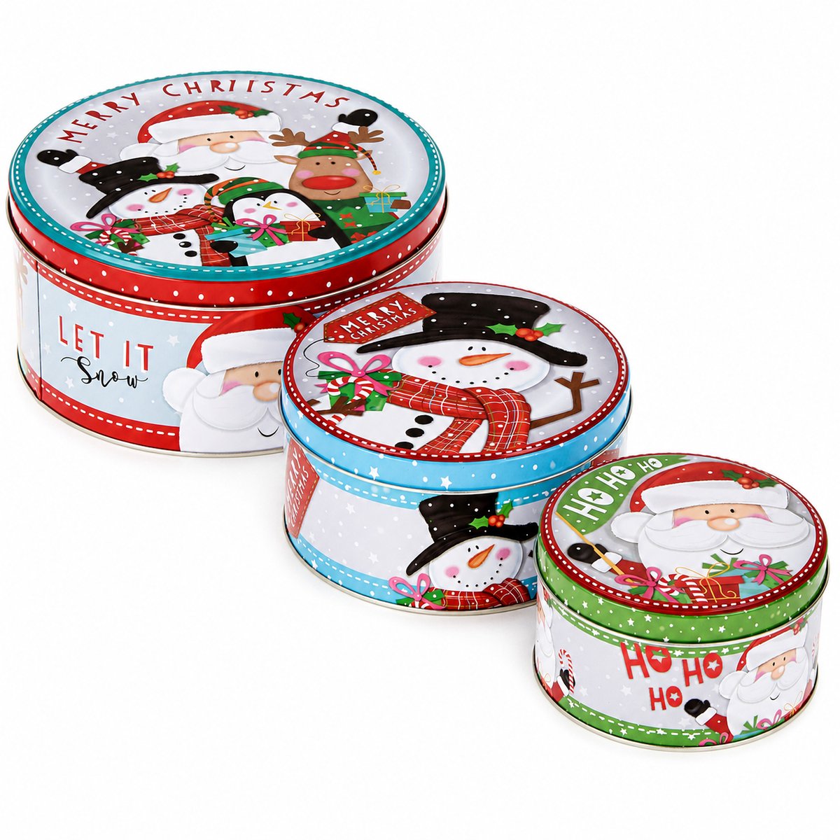 3 Kerst Voorraadblikken Rond – Koekjesblik Set Klein, Medium & Groot – Metalen Kerstblikken met Kerstman, Sneeuwpop, Rendier & Pinguïn – Cadeaublik voor Koekjes en Snoep