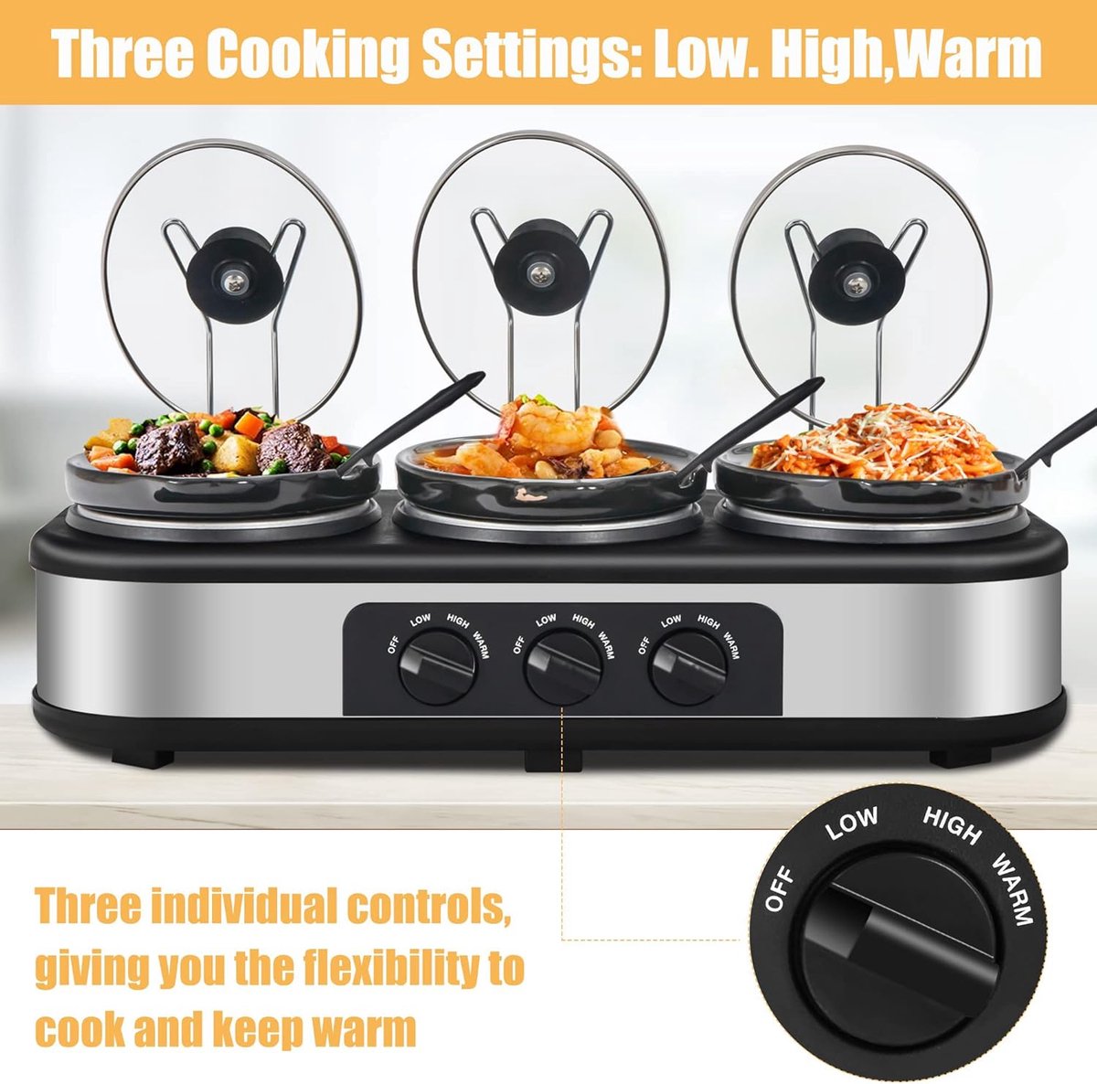 Triple Slow Cooker - Buffet Server - Feestelijke Maaltijden - Drie Aparte Pannen - 3x 1.5 Liter - Zilver – foto 4