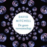 Cover van 'De geestverwantschap' van David Mitchell, met een cirkel van planeten op een zwarte achtergrond.