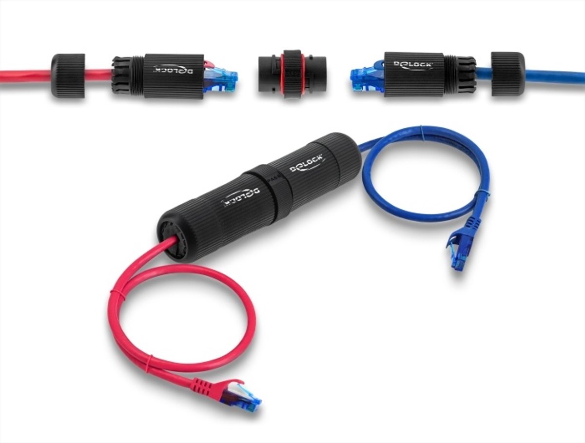 Image of Delock Cable Connector RJ45 jack to RJ45 jack Cat.6 with M16 thread and bayonet lock IP68 dust and waterproof