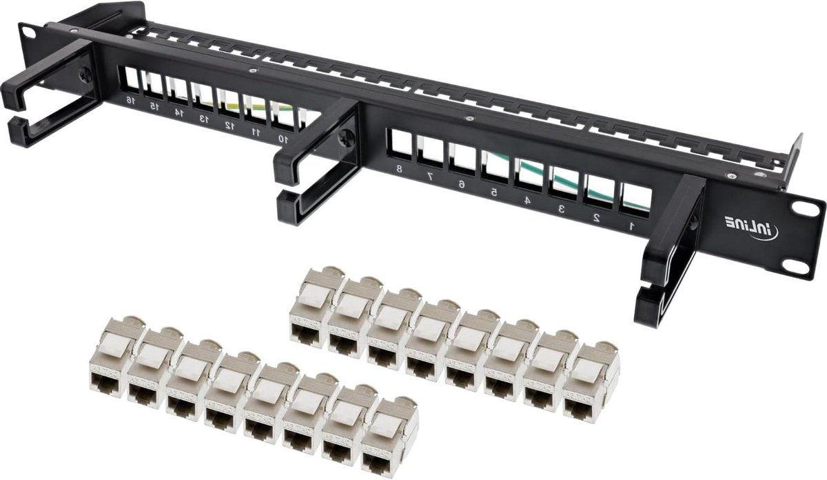 Patchveld 16-voudig - Netwerkpaneel Keystone - Netwerk Organisatie - 10 Gb/s PoE++ - 19 inch 1HE - Zwart