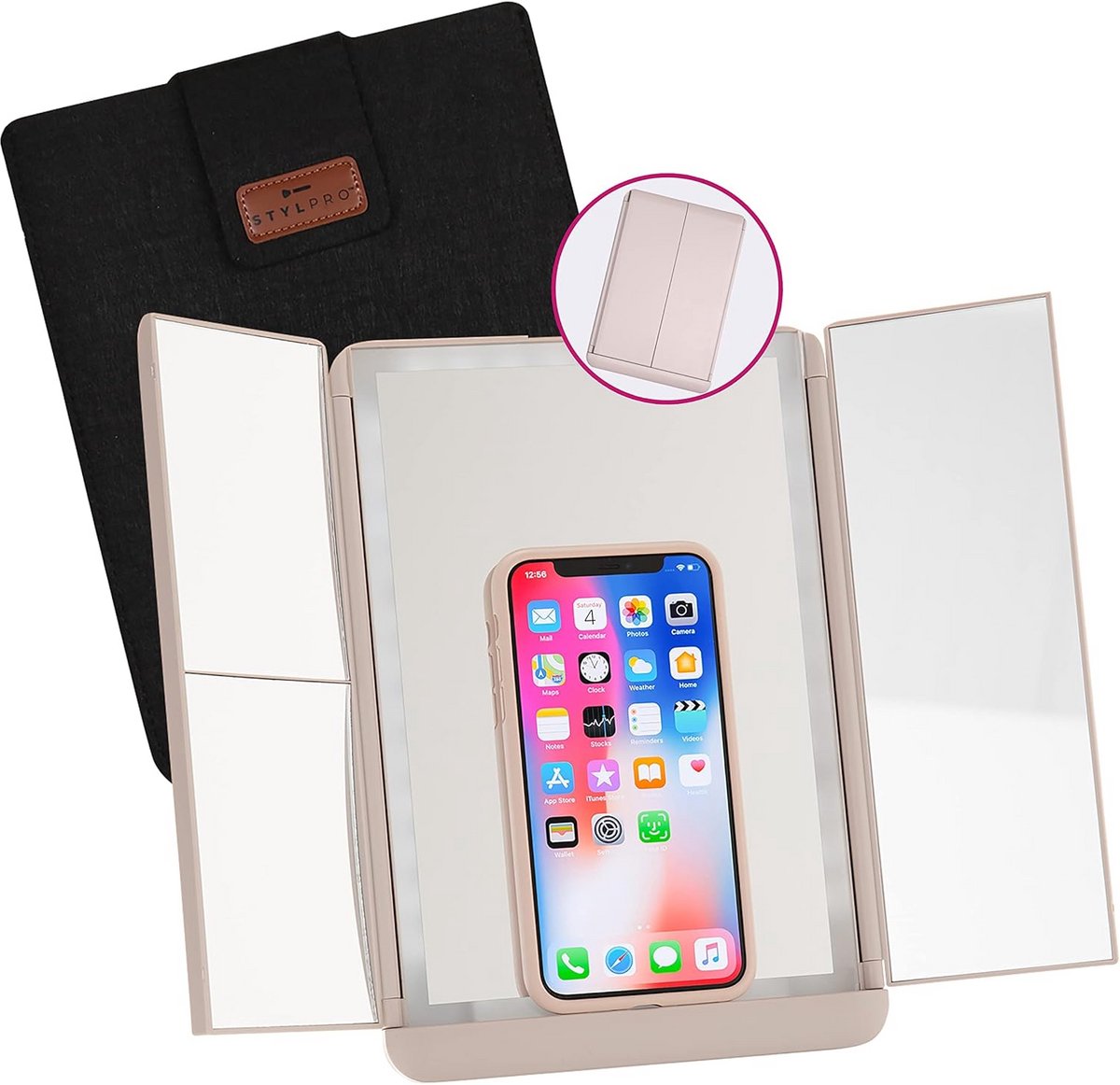 Opvouwbare Make-up Spiegel met Verstelbare LED Verlichting en Telefoonhouder