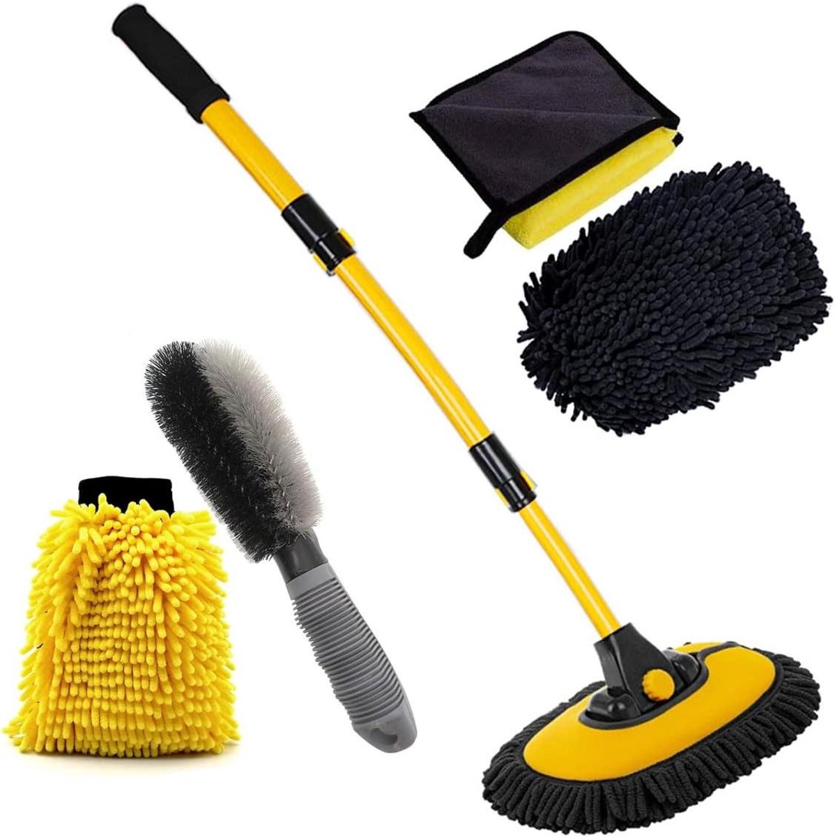 Autowasborstel Lange Steel - Wasborstel Set - Auto Reinigen - Gebogen Ontwerp - 53-104 cm - Geel