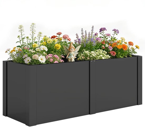 dobar® 58188e Verhoogd bloembed met rankrooster, plantenbak op wieltjes, bloembed van massief hout, smal kruidenbed voor tuin/terras/balkon, 79 x 28,5 x 130 cm, grijs