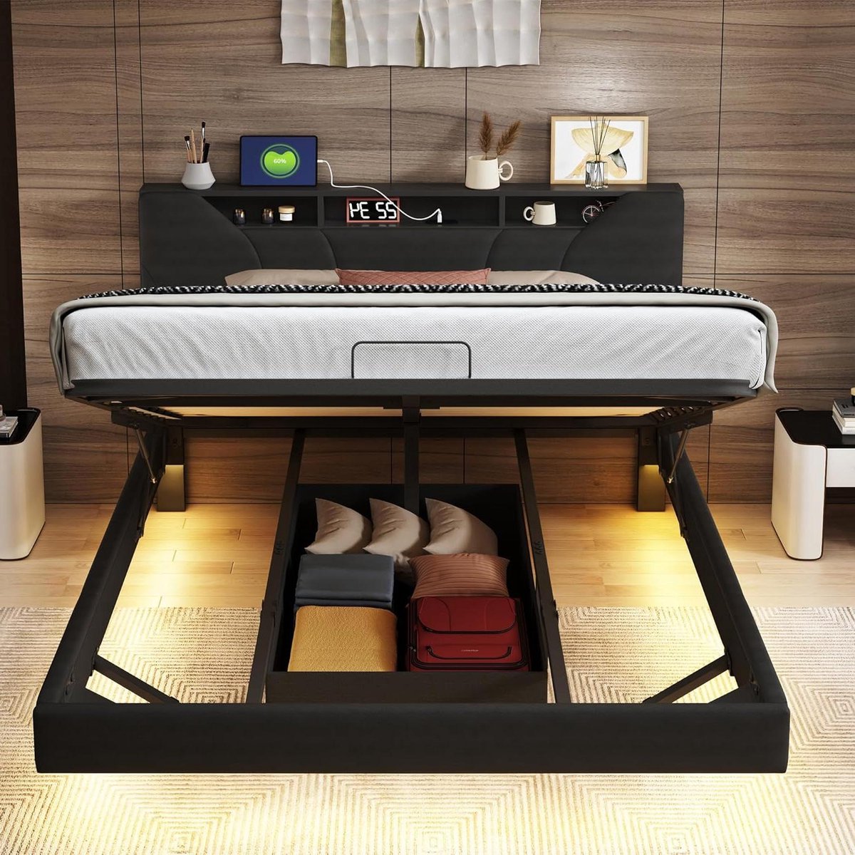 Gestoffeerd Bed - Opbergbed Tweepersoons - Ruimte Besparen - Met LED en USB - 140x200 cm - Zwart