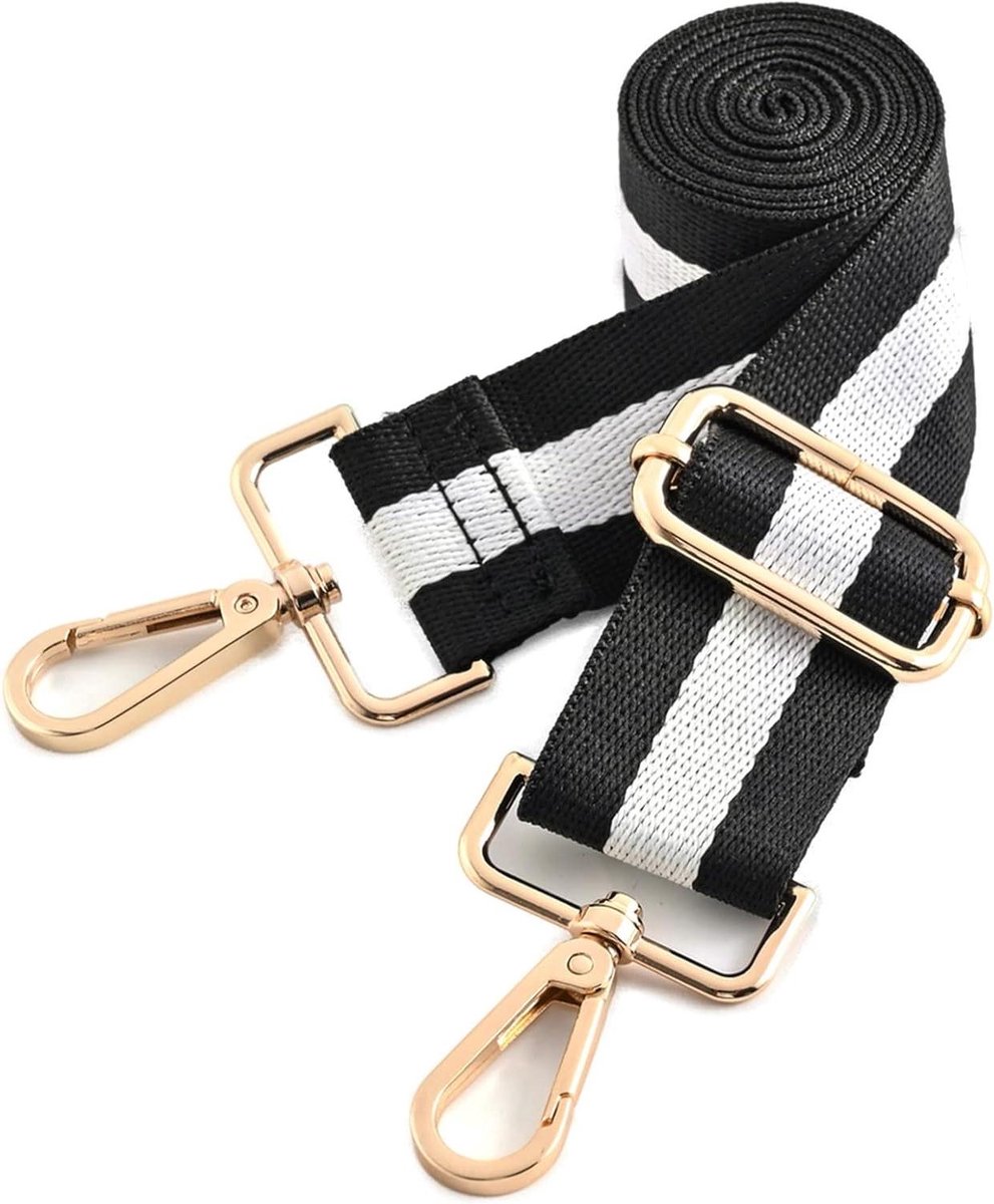 Schouderband Tas - Verstelbare Band Crossbody Strap - Tas Personaliseren - Goudkleurige Clips - 135 x 3.8 cm - Zwart Wit