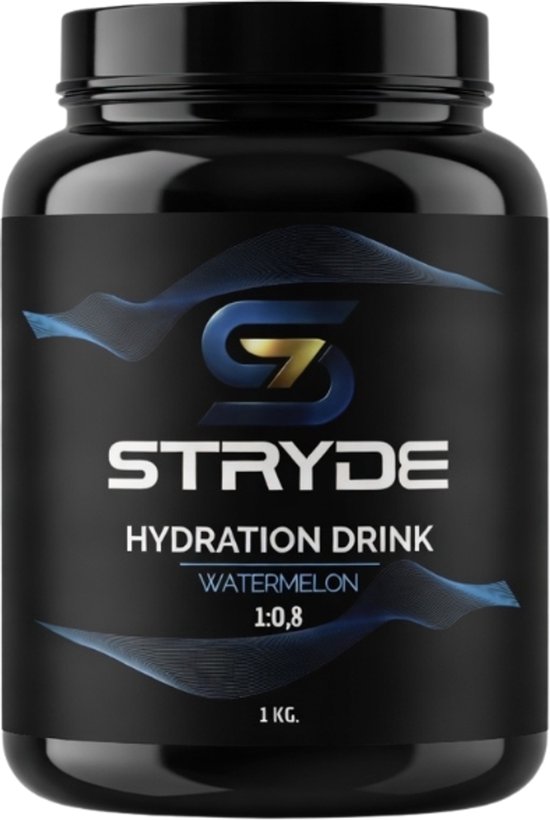 Zwarte pot STRYDE Hydration Drink Watermelon 1KG met blauwe lijnen.