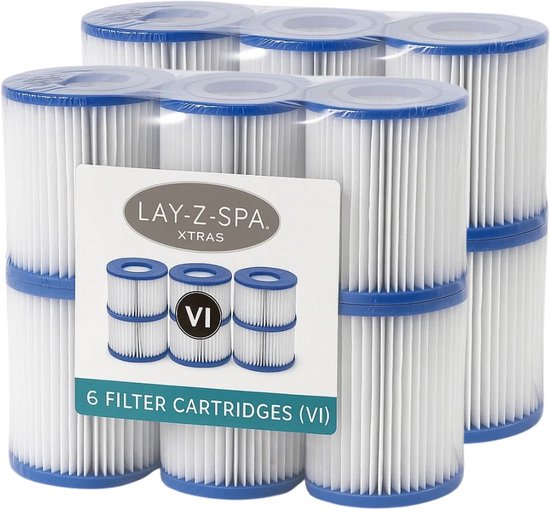 Ensemble de 6 cartouches filtrantes Lay-Z-Spa type VI. Les cartouches sont blanches avec des capuchons bleus.