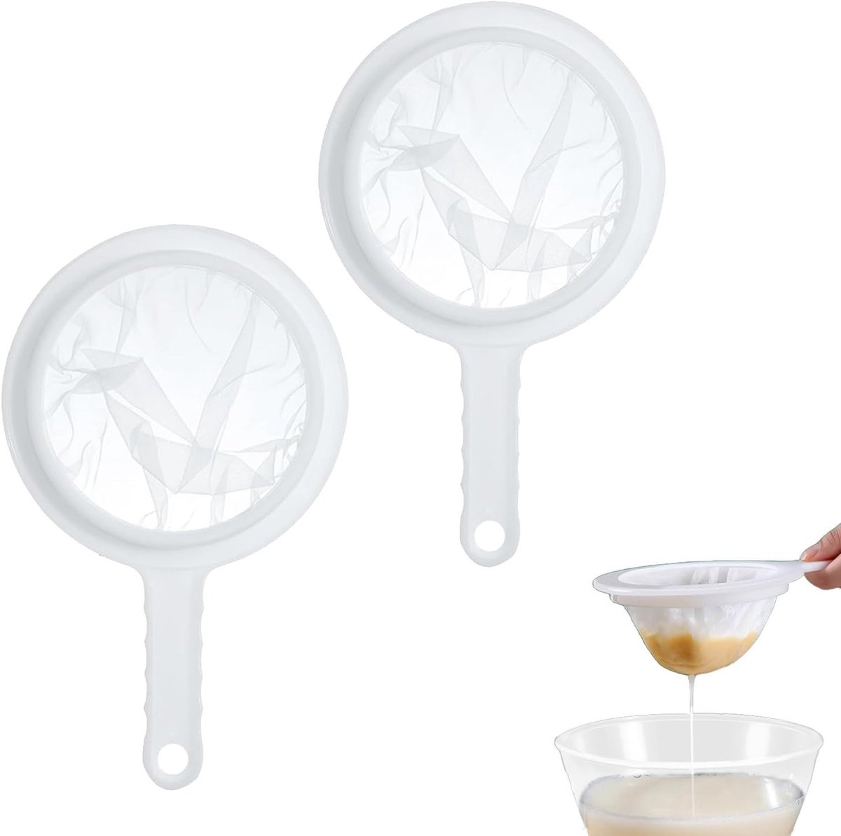 Set van 2 Fijne Zeef voor Haar en Keuken - Plastic Zeef met Extra Fijne Nylon Mesh en Antislip Handvatten voor het Filtreren van Kefir, Yoghurt en Wijn