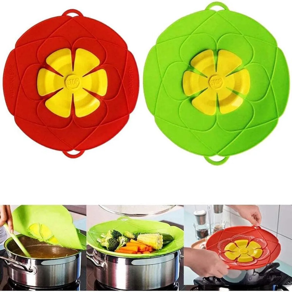 Twee spatbeschermers, deksels voor pannen, voedselveilig siliconen, lekvrij, paars, 28 cm.