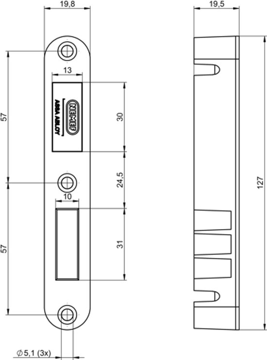 Technische tekening van een RVS sluitkom met afmetingen.