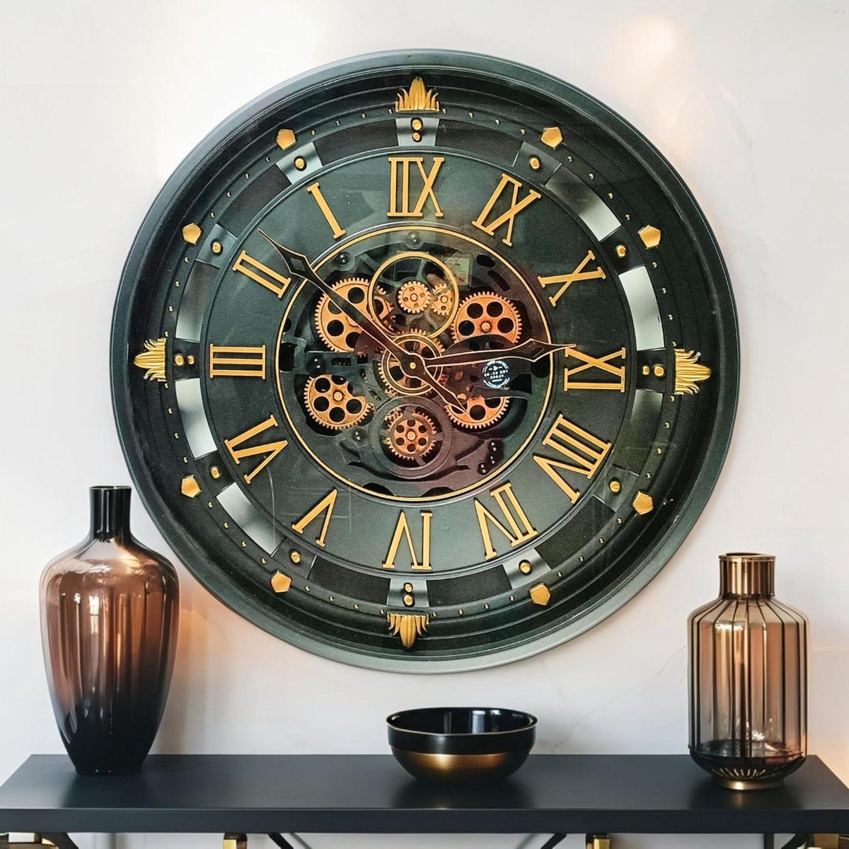 Wandklok - Klok met Tandwielen - Woonkamer Decoratie - Echte Bewegende Versnellingen - 66 cm - Zwart