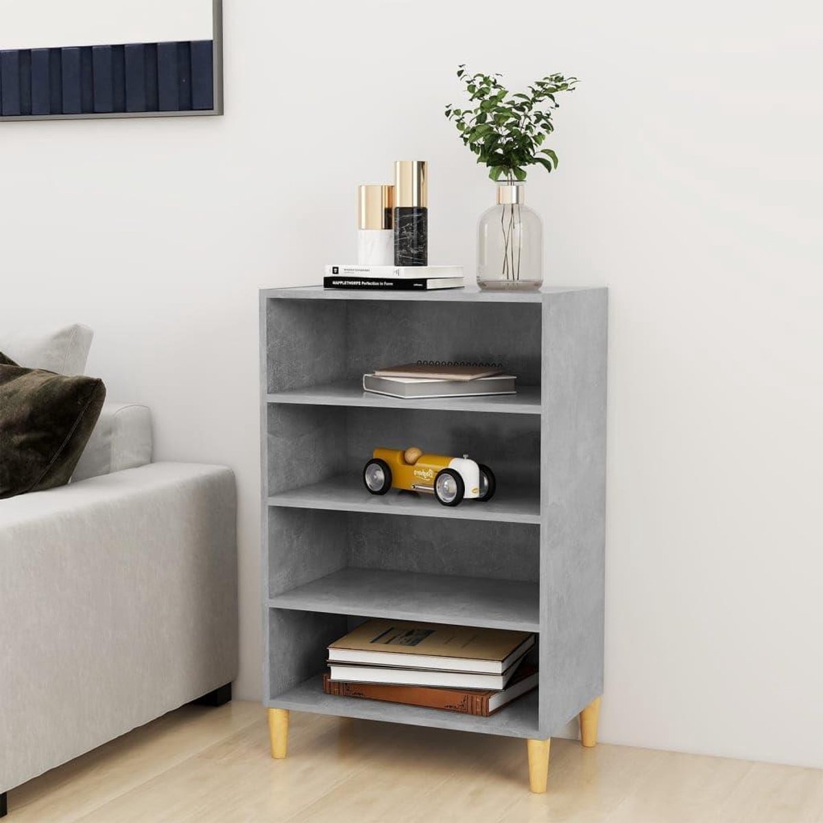 Dressoir met 4 planken - Buffetkast opbergkast - Woonkamer opbergen - Robuuste constructie - 57 cm breed - Betongrijs