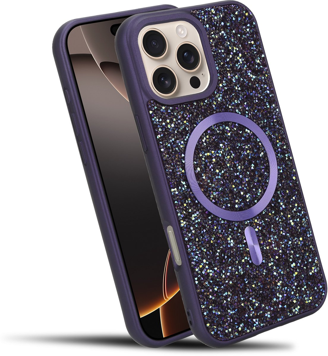 Hoesje geschikt voor iPhone 16 PRO in Paars Diamant Glitter Stijl