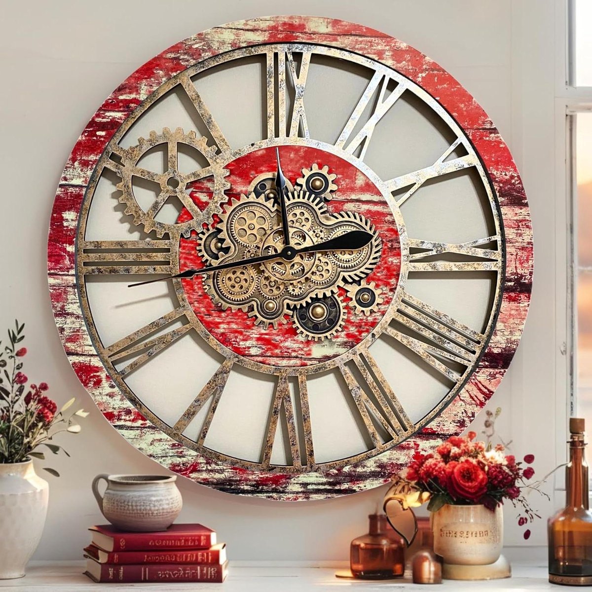 Wandklok - Grote klok - Uniek decoreren - Echt bewegende tandwielen - 90 cm - Rood