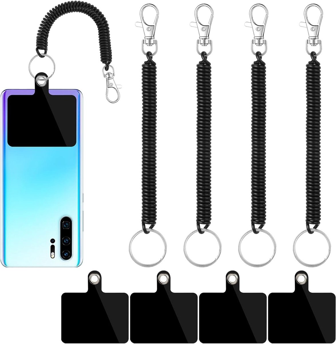 Verstelbare Telefoon Lanyard met Valbescherming, 4 Universele Rubber Bands en 4 Zwarte Telefoon Patches, Anti-Drop Polsbanden voor Smartphones