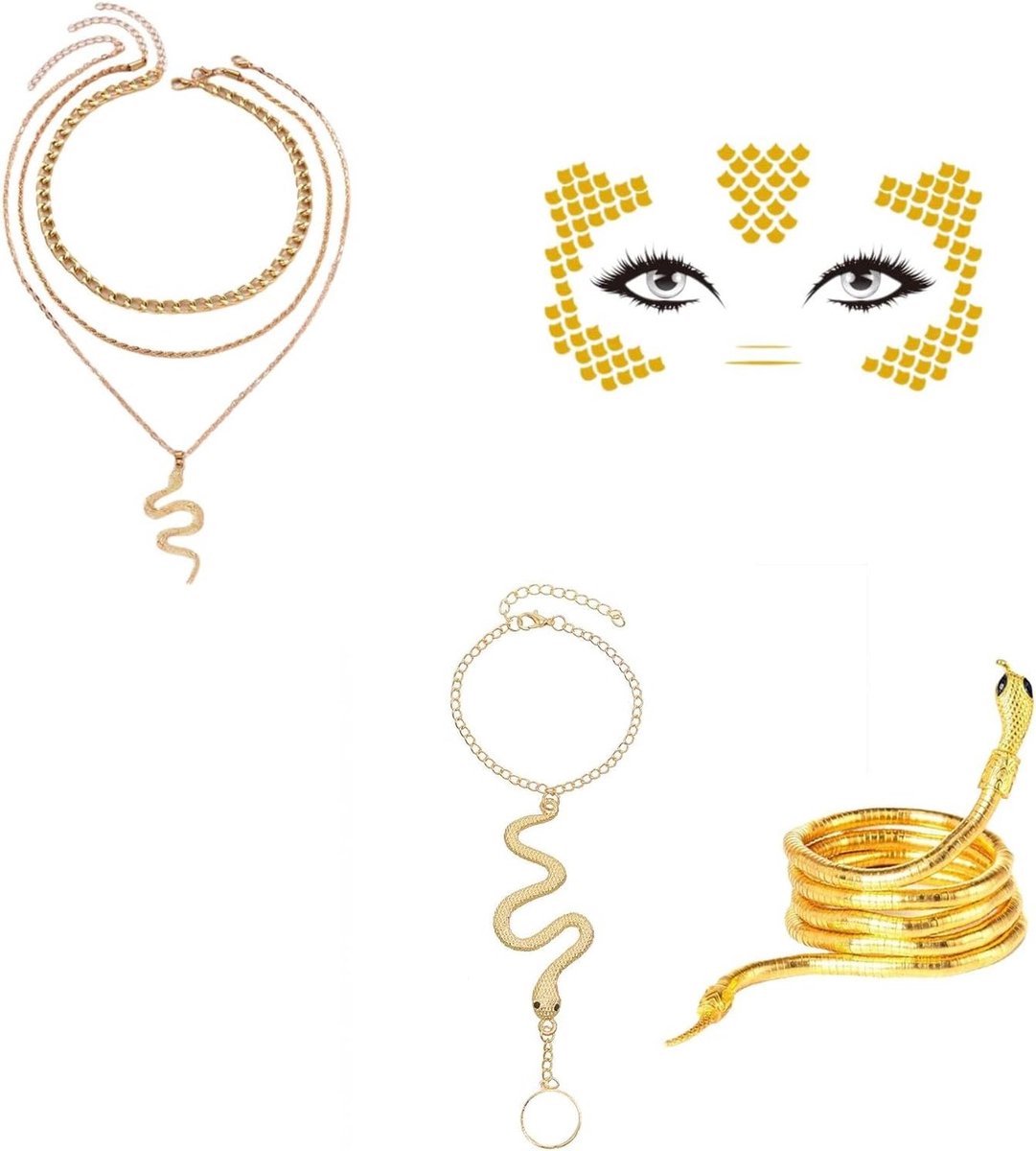 Medusa Slangenketting Set met Slangenkop Haarband, Schubben Tattoo, Meerdere Laag Ketting en Armband, Verstelbare Slangenkop Versiering, Halloween Accessoires voor Vrouwen