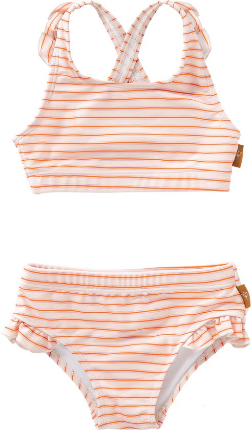 Wit bikinibroekje en top met oranje strepen en ruches.