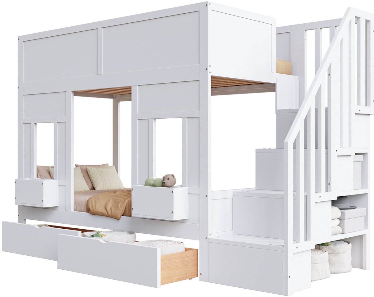 Merax Hoogslaper 90x200 cm - Bed met Opbergruimte - Stapelbed voor Kinderen - met Trap en Lades - Hout - Wit