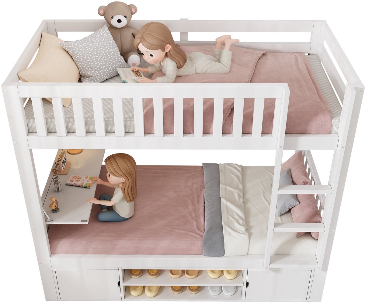 Merax Hoogslaper 90x200 cm - Stapelbed voor Kinderen - met Opklapbare Tafel en Schoenenrek - Bed met Opbergruimte - Wit